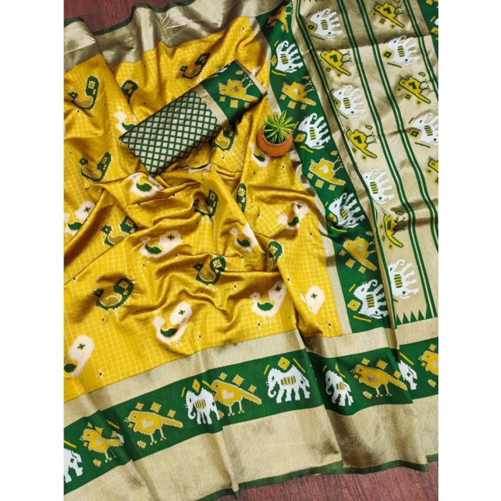 Women's Soft Litchi Silk Jacquard Work Saree With Unstitched Blouse 5.5Mtr (Yellow-Green) - Image 3
