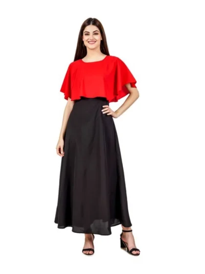 Women's Casual Crepe Sleeveless Cape Dress (Red)