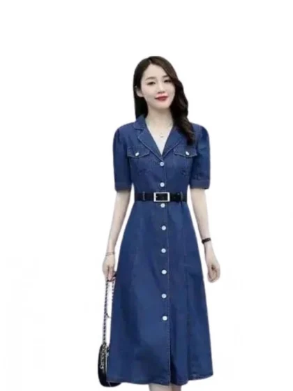 Women's Casual Denim Half Sleeves Dress (Blue)
