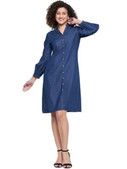 Women's Casual Denim Full sleeve Dress (Blue)