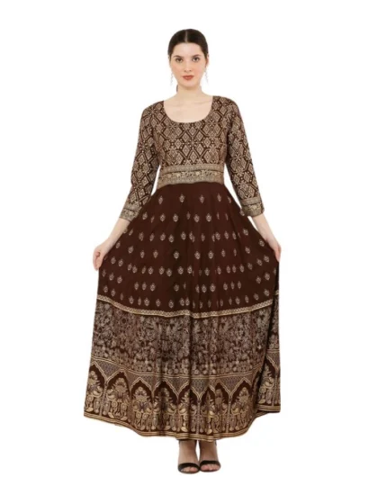 Women's Casual Rayon 3-4th Sleeves Anarkali Kurti (Brown)