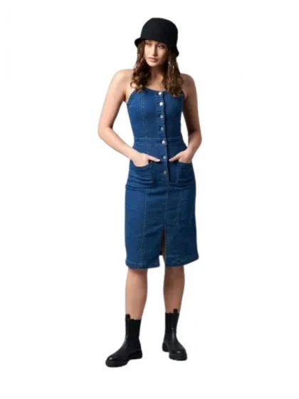 Women's Casual Denim Sleeveless Dress (Blue)
