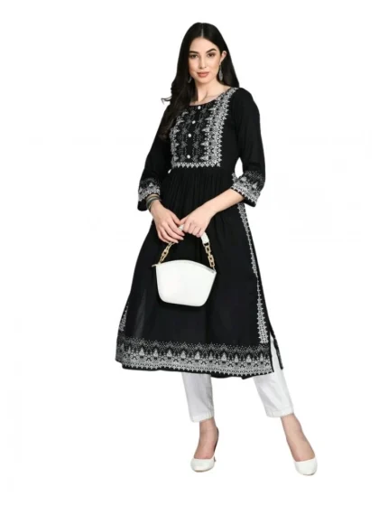 Women's Casual Rayon 3-4th Sleeves Kurti (Black)