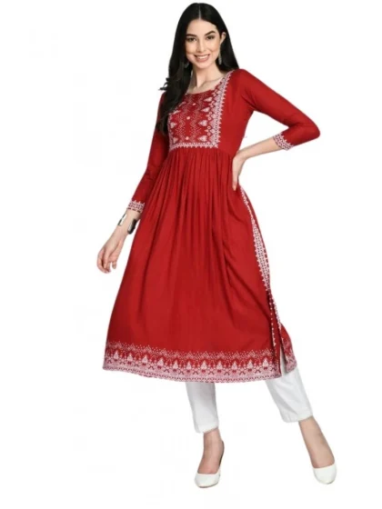 Women's Casual Rayon 3-4th Sleeves Kurti (Maroon)