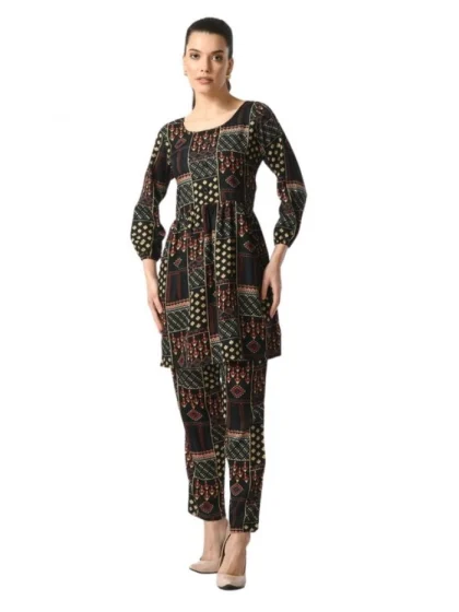 Women's Casual Crepe 3-4th Sleeves Cord Set (Black)