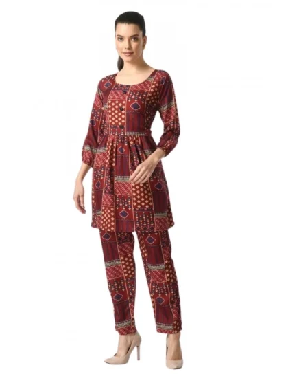 Women's Casual Crepe 3-4th Sleeves Cord Set (Maroon)