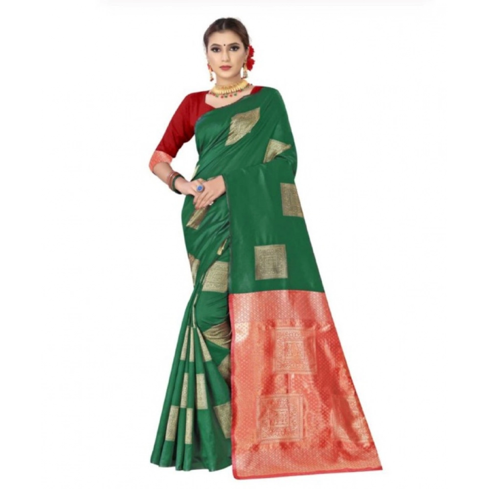 Women's Soft Lichi Silk Printed Saree With Unstitched Blouse 5.5Mtr (Green)