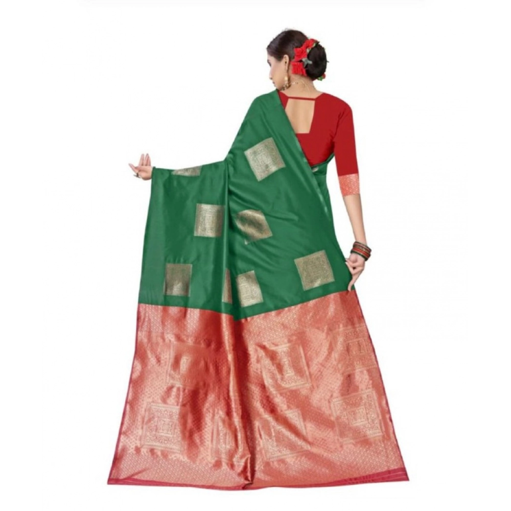 Women's Soft Lichi Silk Printed Saree With Unstitched Blouse 5.5Mtr (Green) - Image 2