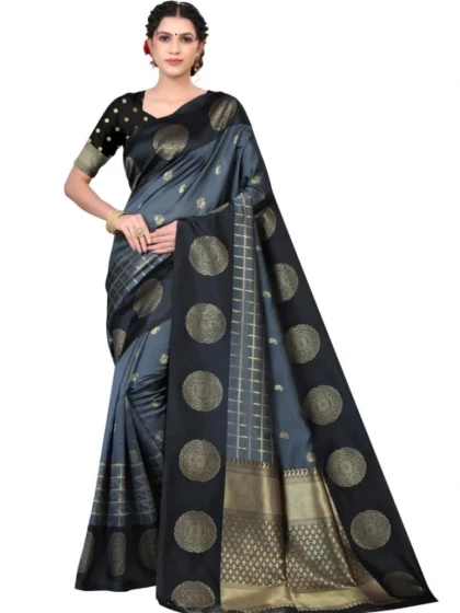 Women's Soft Lichi Silk Printed Saree With Unstitched Blouse 5.5Mtr (Black)