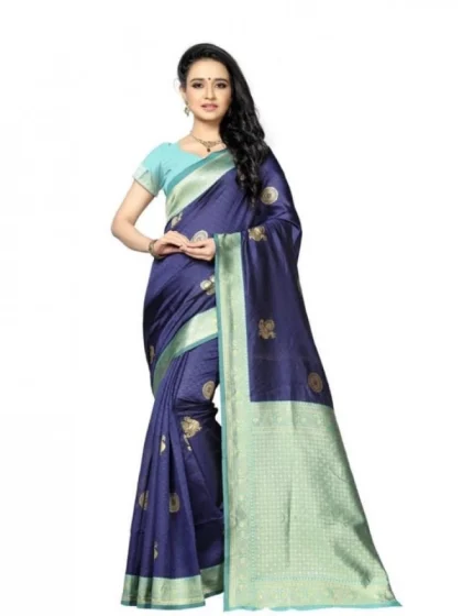 Women's Soft Lichi Silk Printed Saree With Unstitched Blouse 5.5Mtr (Navy Blue)