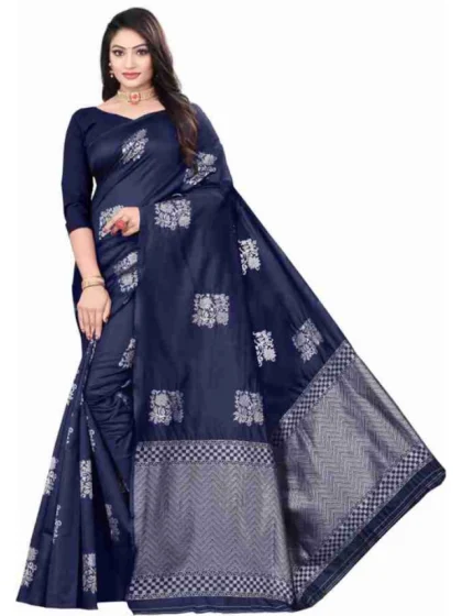 Women's Soft Lichi Silk Printed Saree With Unstitched Blouse 5.5Mtr (Blue)