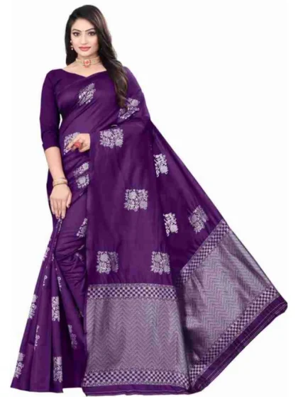 Women's Soft Lichi Silk Printed Saree With Unstitched Blouse 5.5Mtr (Purple)