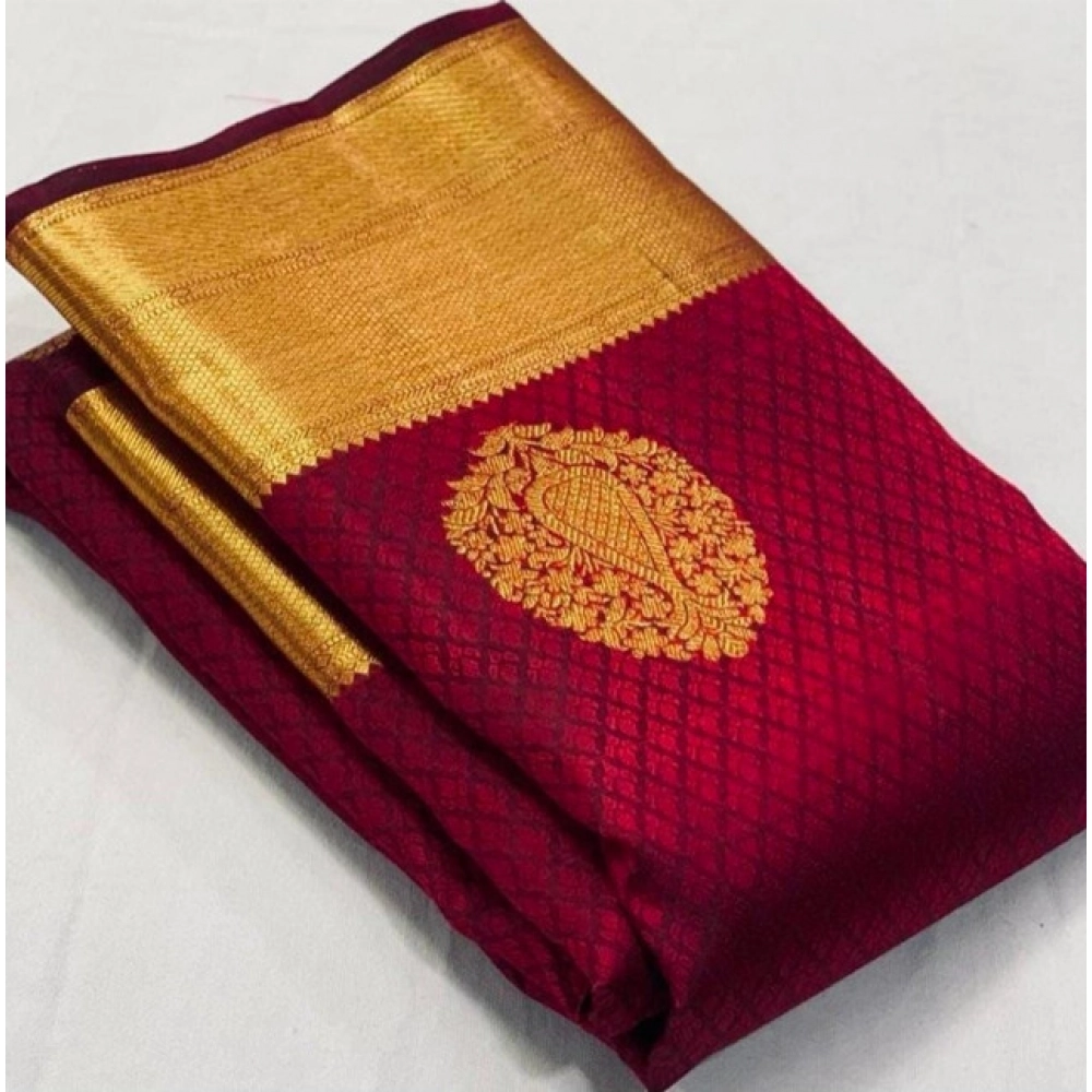 Women's Soft Lichi Silk Printed Saree With Unstitched Blouse 5.5Mtr (Maroon)
