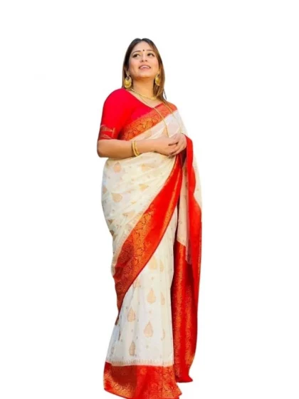 Women's Soft Lichi Silk Printed Saree With Unstitched Blouse 5.5Mtr (White)