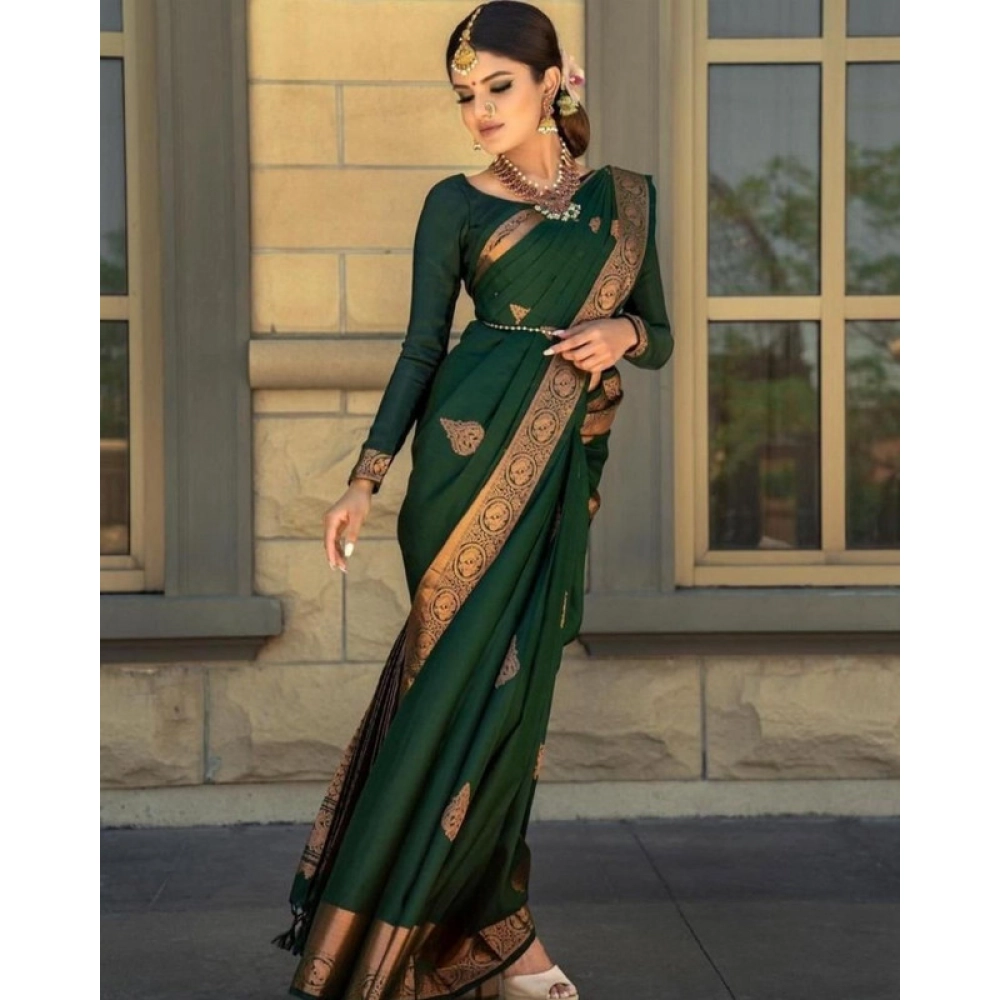 Women's Soft Lichi Silk Printed Saree With Unstitched Blouse 5.5Mtr (Green) - Image 2