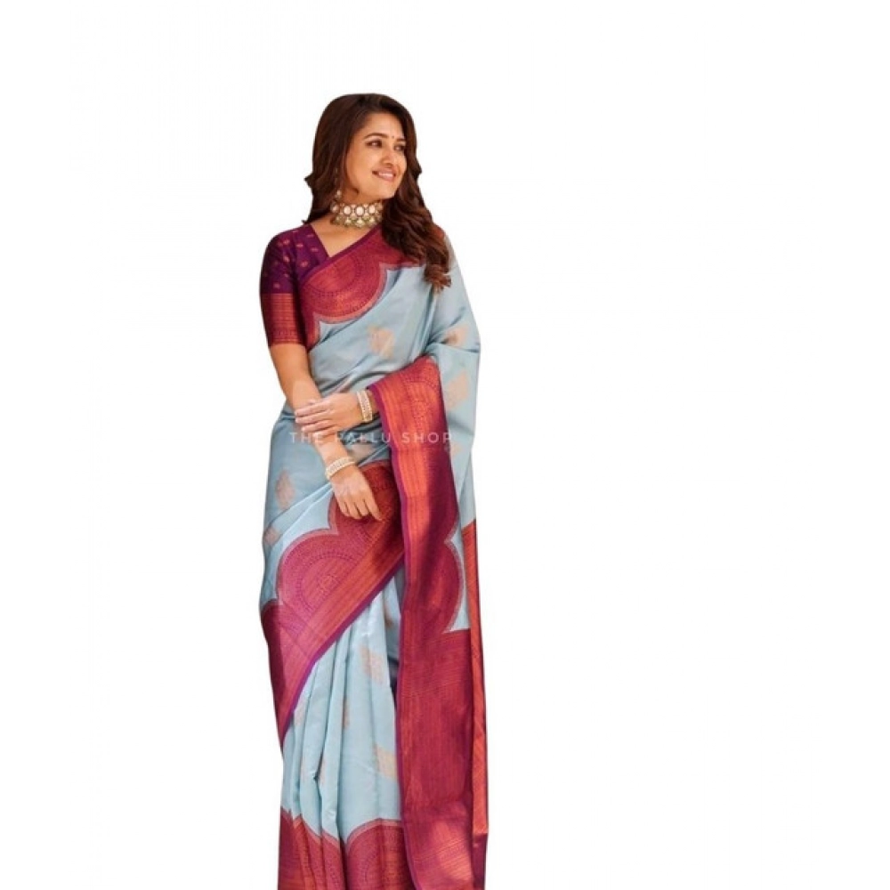 Women's Soft Lichi Silk Printed Saree With Unstitched Blouse 5.5Mtr (Light-Blue)
