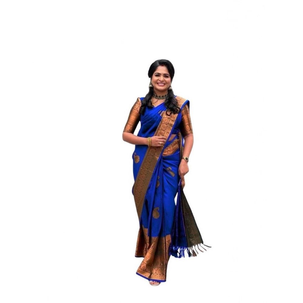 Women's Soft Lichi Silk Printed Saree With Unstitched Blouse 5.5Mtr (Navy-Blue)