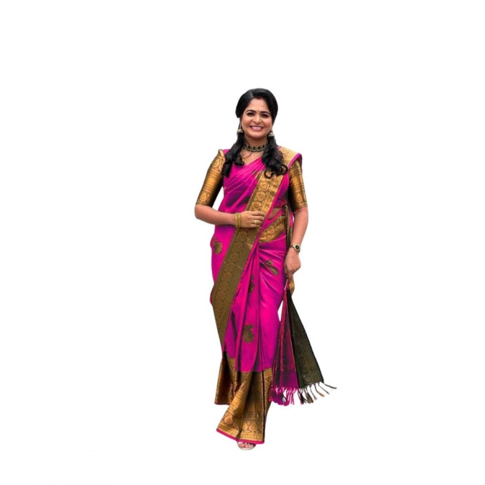 Women's Soft Lichi Silk Printed Saree With Unstitched Blouse 5.5Mtr (Pink)