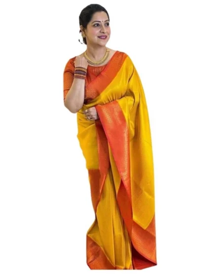 Women's Soft Lichi Silk Printed Saree With Unstitched Blouse 5.5Mtr (Mustard?)