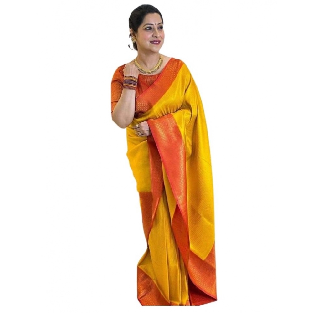 Women's Soft Lichi Silk Printed Saree With Unstitched Blouse 5.5Mtr (Mustard?)