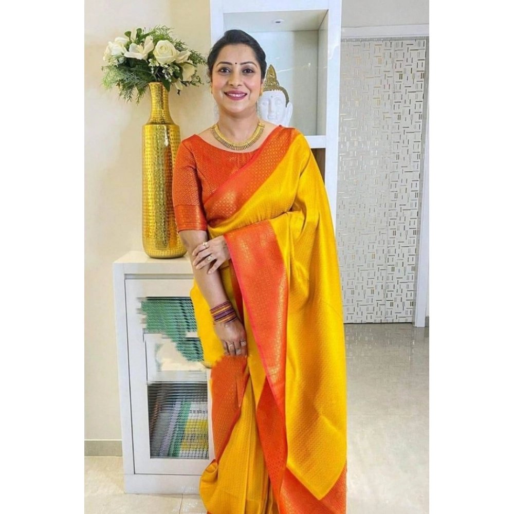 Women's Soft Lichi Silk Printed Saree With Unstitched Blouse 5.5Mtr (Mustard?) - Image 2