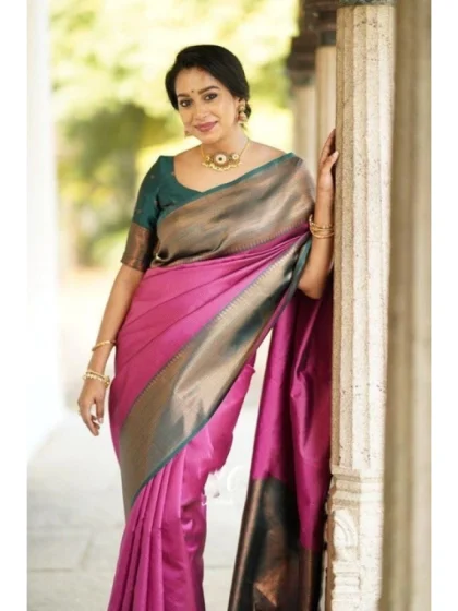 Women's Soft Lichi Silk Printed Saree With Unstitched Blouse 5.5Mtr (Pink)