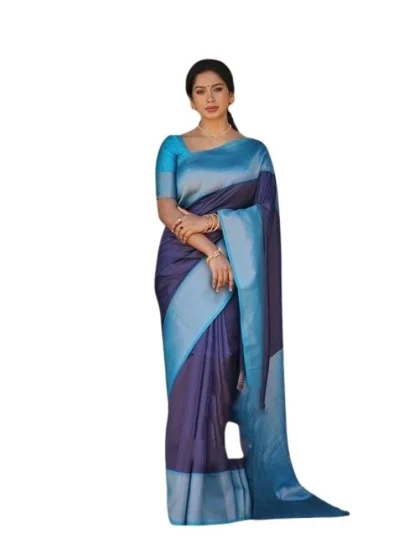 Women's Soft Lichi Silk Printed Saree With Unstitched Blouse 5.5Mtr (Blue)