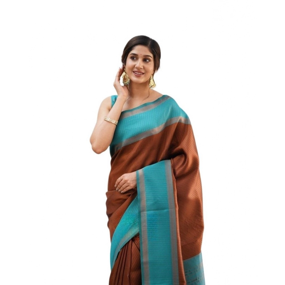Women's Soft Lichi Silk Printed Saree With Unstitched Blouse 5.5Mtr (Brown)