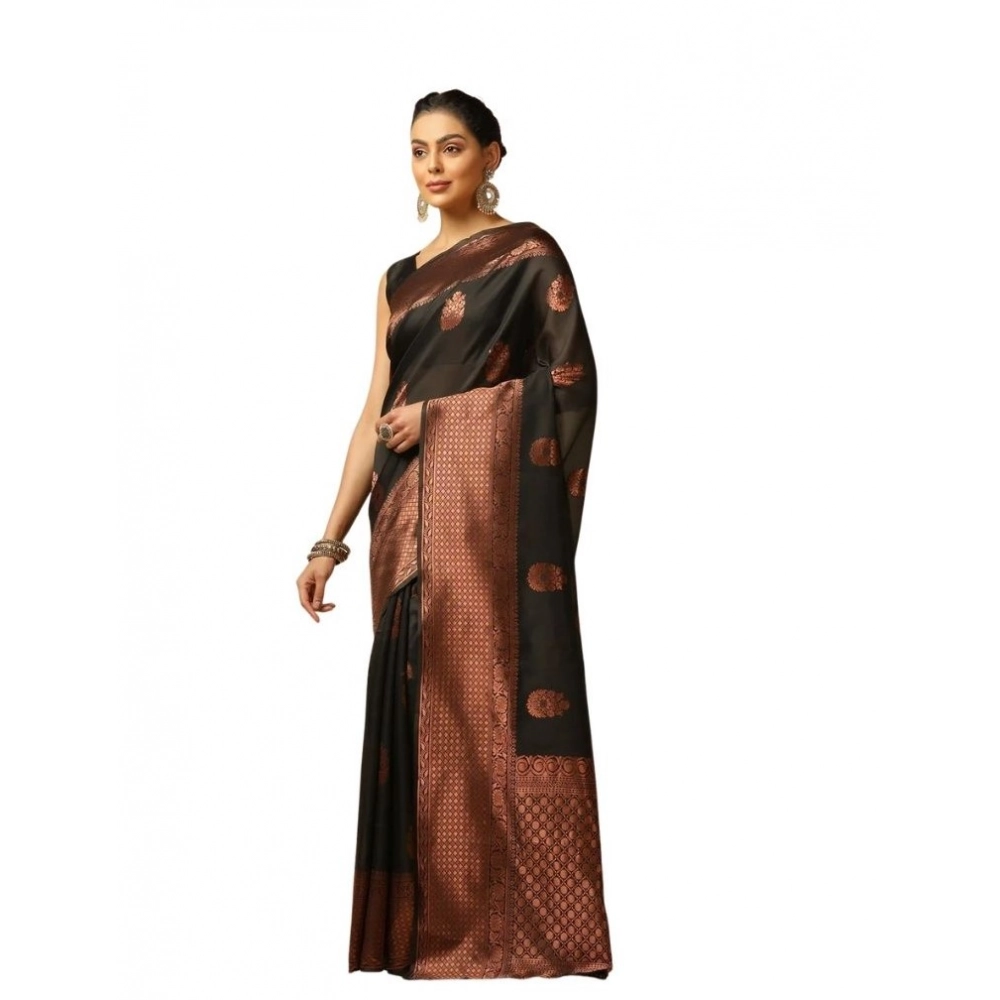 Women's Soft Lichi Silk Printed Saree With Unstitched Blouse 5.5Mtr (Black)