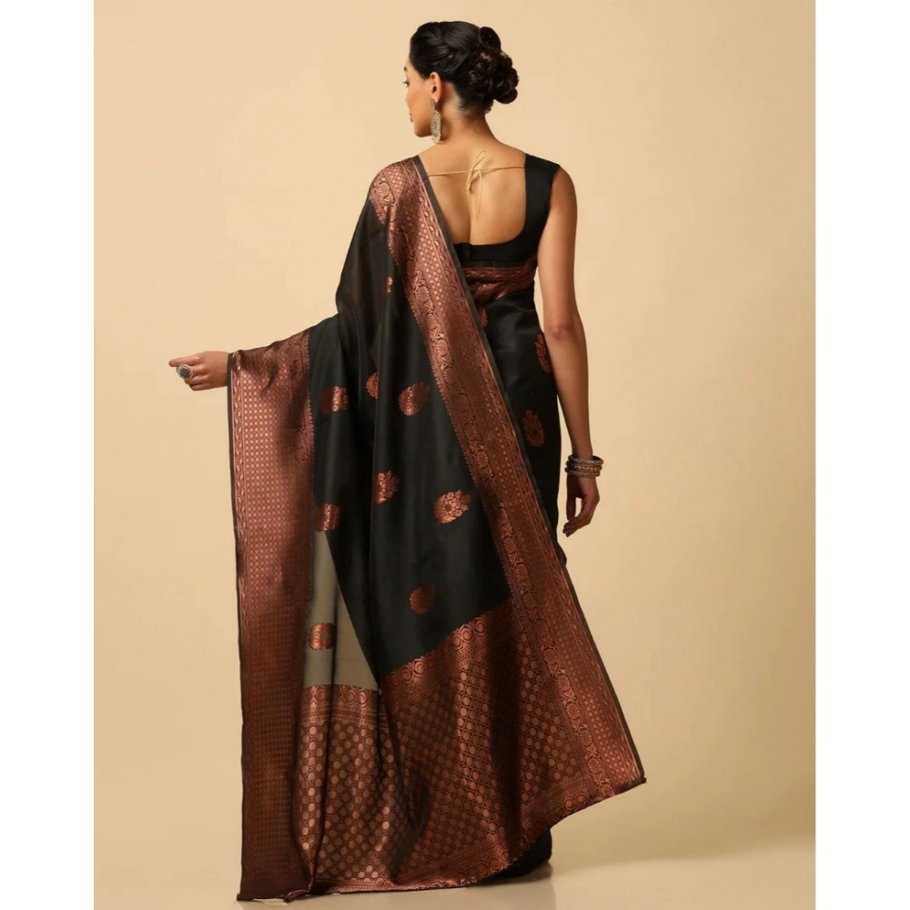 Women's Soft Lichi Silk Printed Saree With Unstitched Blouse 5.5Mtr (Black) - Image 2