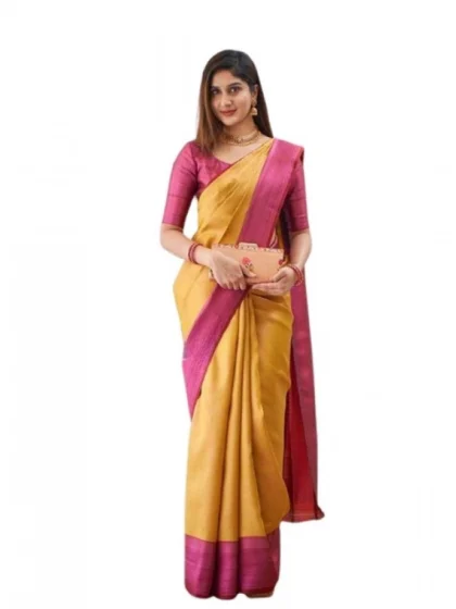 Women's Soft Lichi Silk Printed Saree With Unstitched Blouse 5.5Mtr (Mustard?)