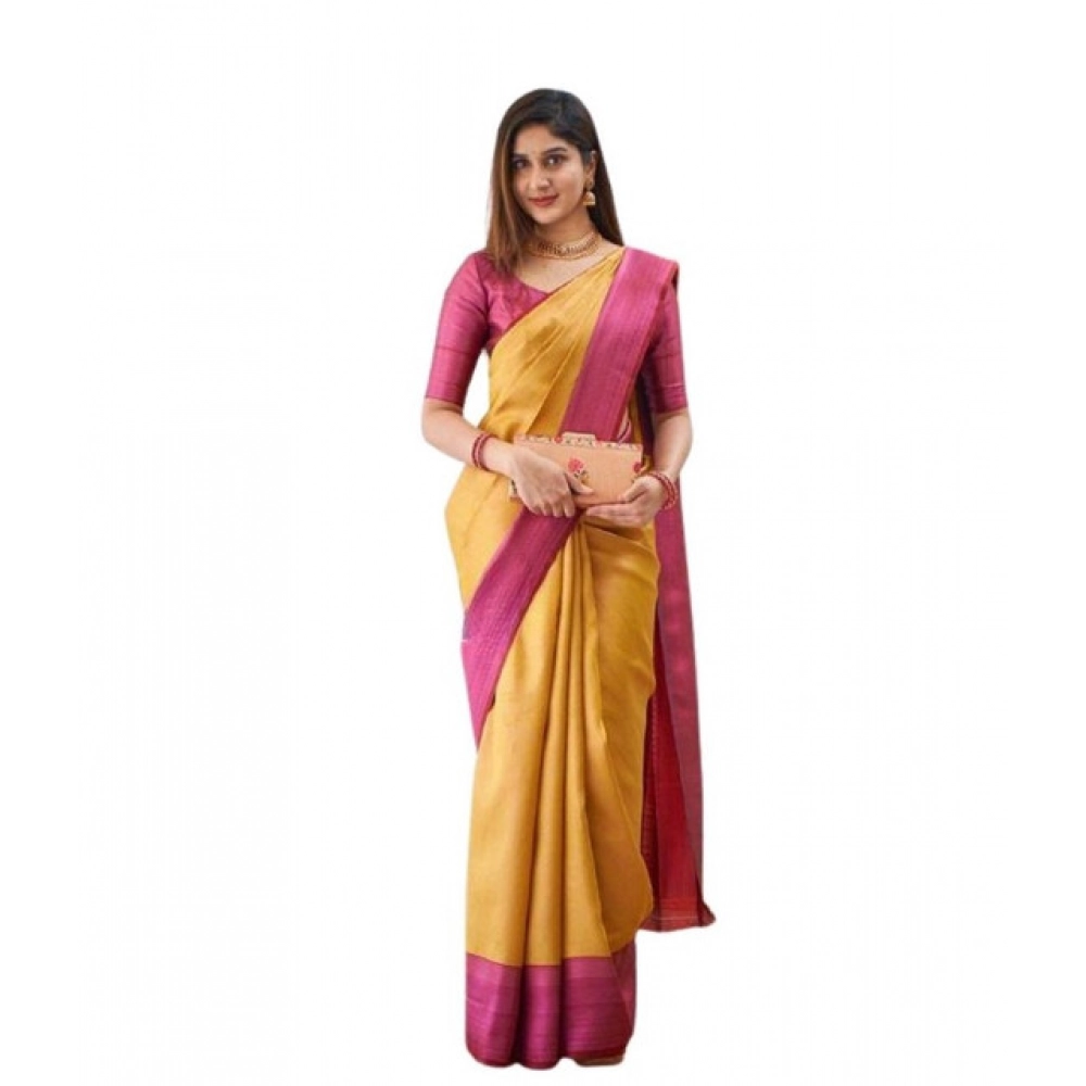 Women's Soft Lichi Silk Printed Saree With Unstitched Blouse 5.5Mtr (Mustard?)