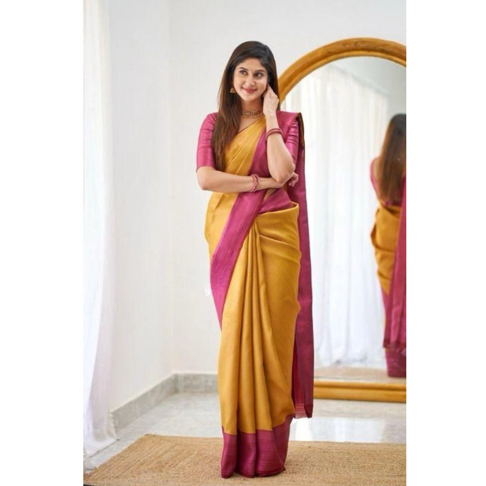 Women's Soft Lichi Silk Printed Saree With Unstitched Blouse 5.5Mtr (Mustard?) - Image 2