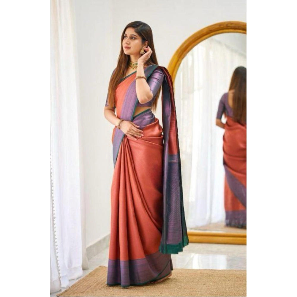 Women's Soft Lichi Silk Printed Saree With Unstitched Blouse 5.5Mtr (Orange) - Image 2