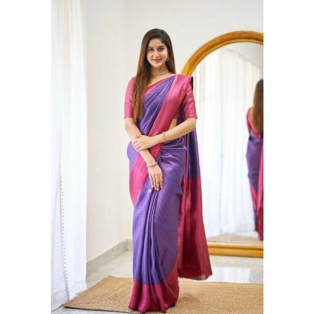 Women's Soft Lichi Silk Printed Saree With Unstitched Blouse 5.5Mtr (Purple) - Image 2
