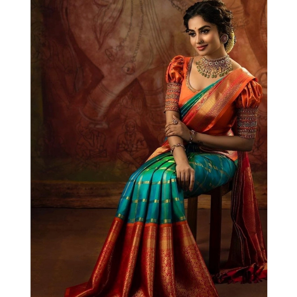 Women's Soft Lichi Silk Printed Saree With Unstitched Blouse 5.5Mtr (Green) - Image 2