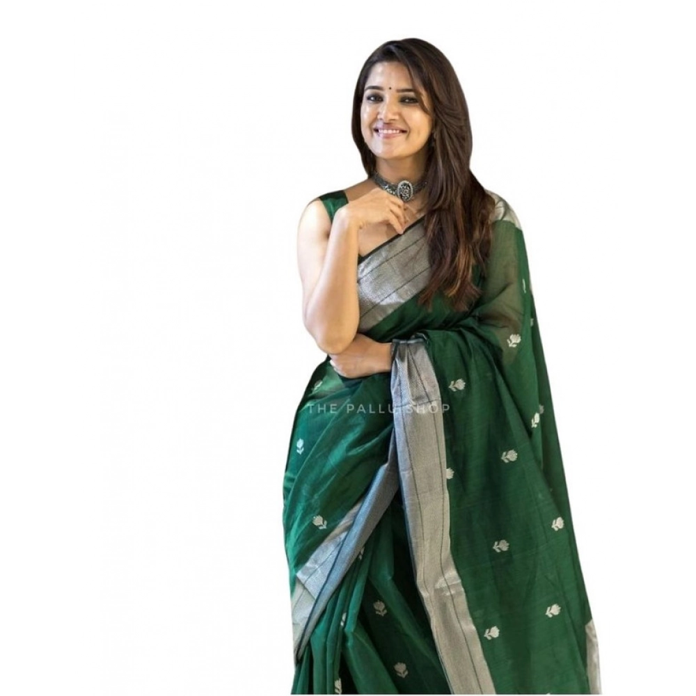 Women's Soft Lichi Silk Printed Saree With Unstitched Blouse 5.5Mtr (Green)