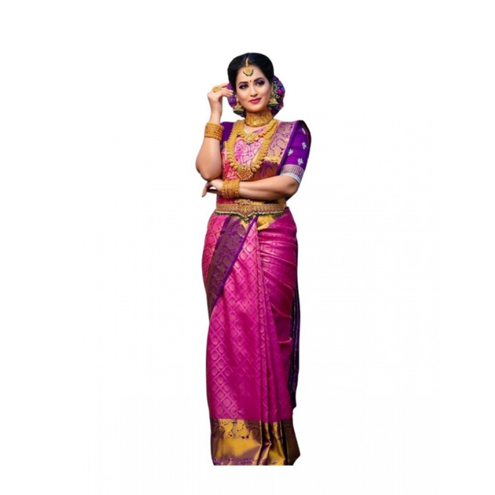 Women's Soft Lichi Silk Printed Saree With Unstitched Blouse 5.5Mtr (Pink)