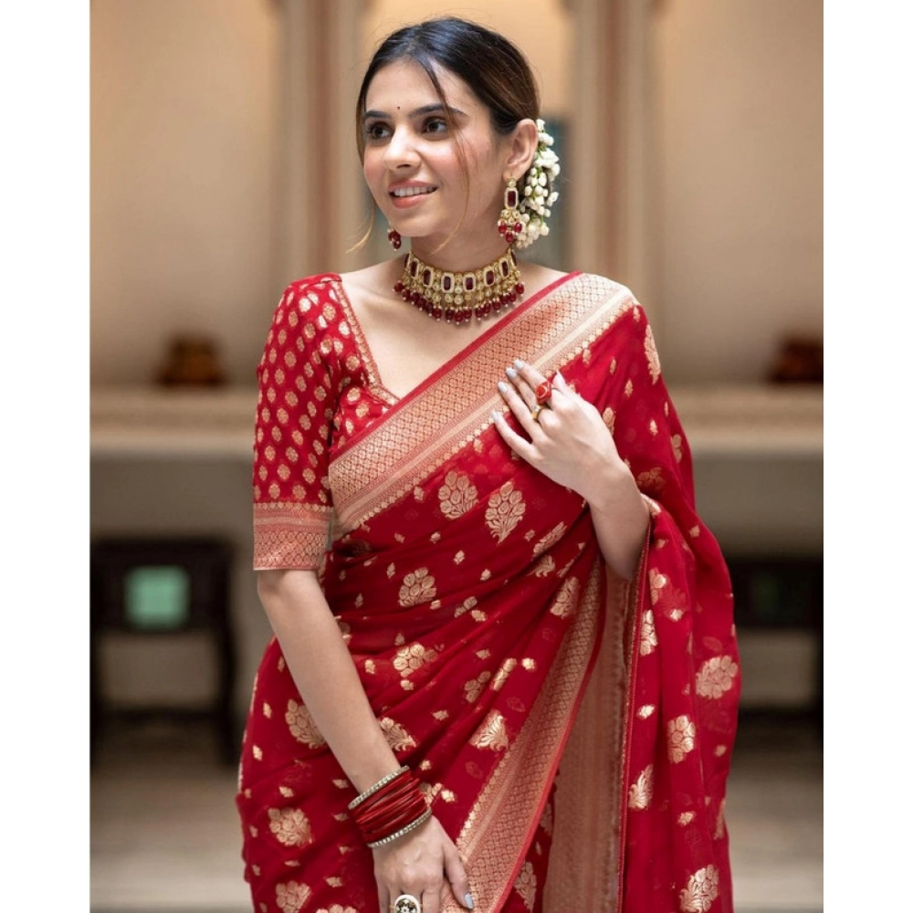 Women's Soft Lichi Silk Printed Saree With Unstitched Blouse 5.5Mtr (Red) - Image 2
