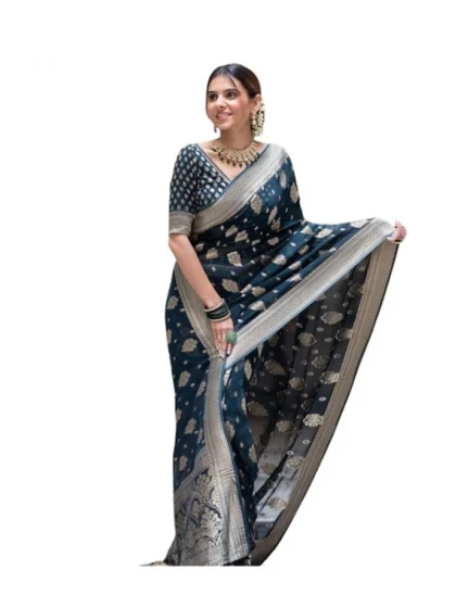 Women's Soft Lichi Silk Printed Saree With Unstitched Blouse 5.5Mtr (Blue)