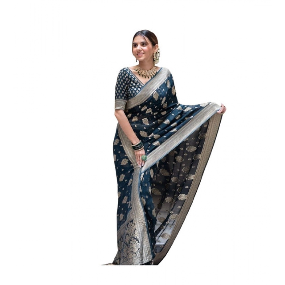 Women's Soft Lichi Silk Printed Saree With Unstitched Blouse 5.5Mtr (Blue)