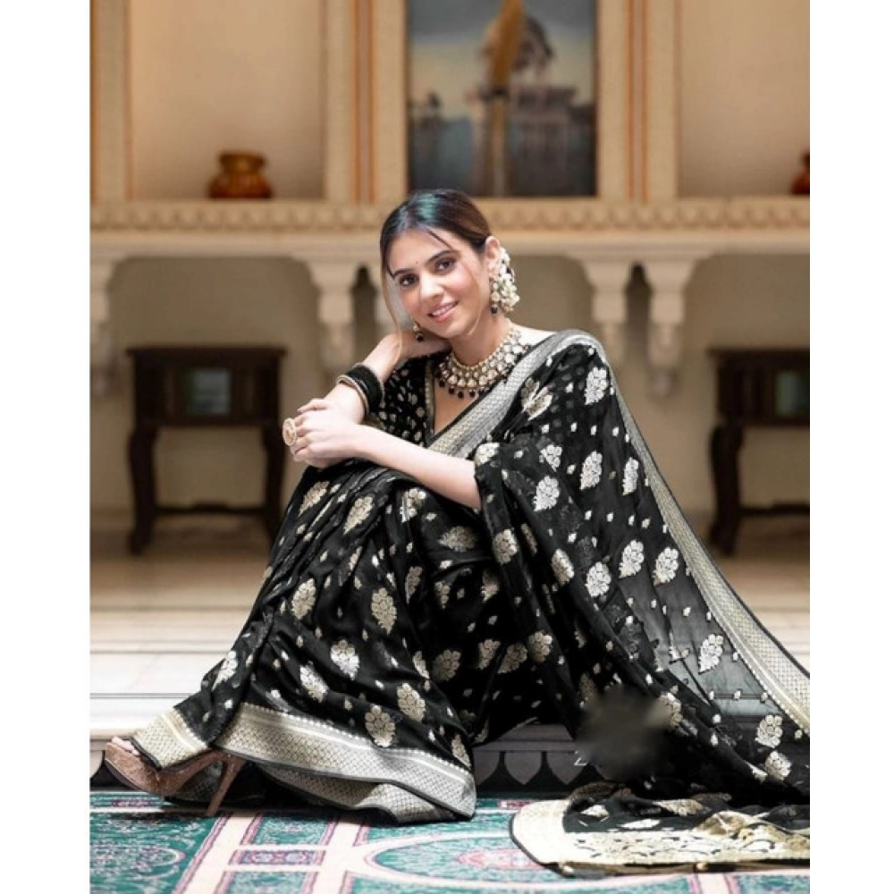 Women's Soft Lichi Silk Printed Saree With Unstitched Blouse 5.5Mtr (Black) - Image 2