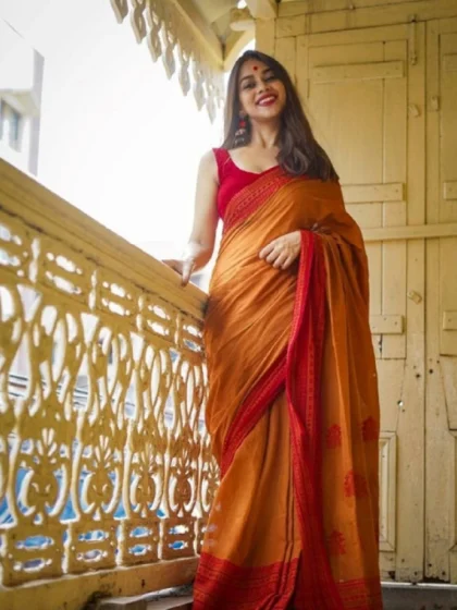 Women's Soft Lilan Printed Saree With Unstitched Blouse 5.5Mtr (Mustard?)