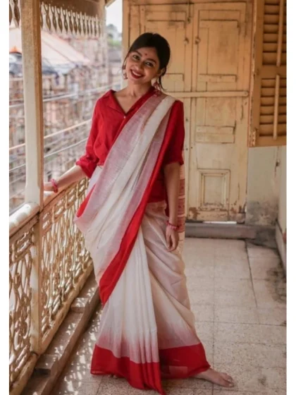 Women's Soft Lilan Printed Saree With Unstitched Blouse 5.5Mtr (White)