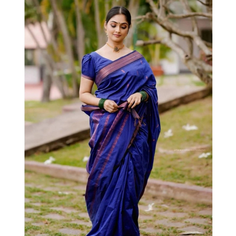 Women's Soft Lichi Silk Printed Saree With Unstitched Blouse 5.5Mtr (Blue) - Image 2