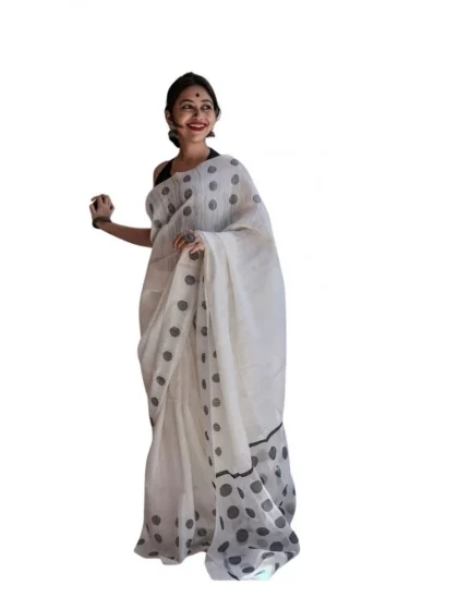 Women's Soft Lilan Printed Saree With Unstitched Blouse 5.5Mtr (White)