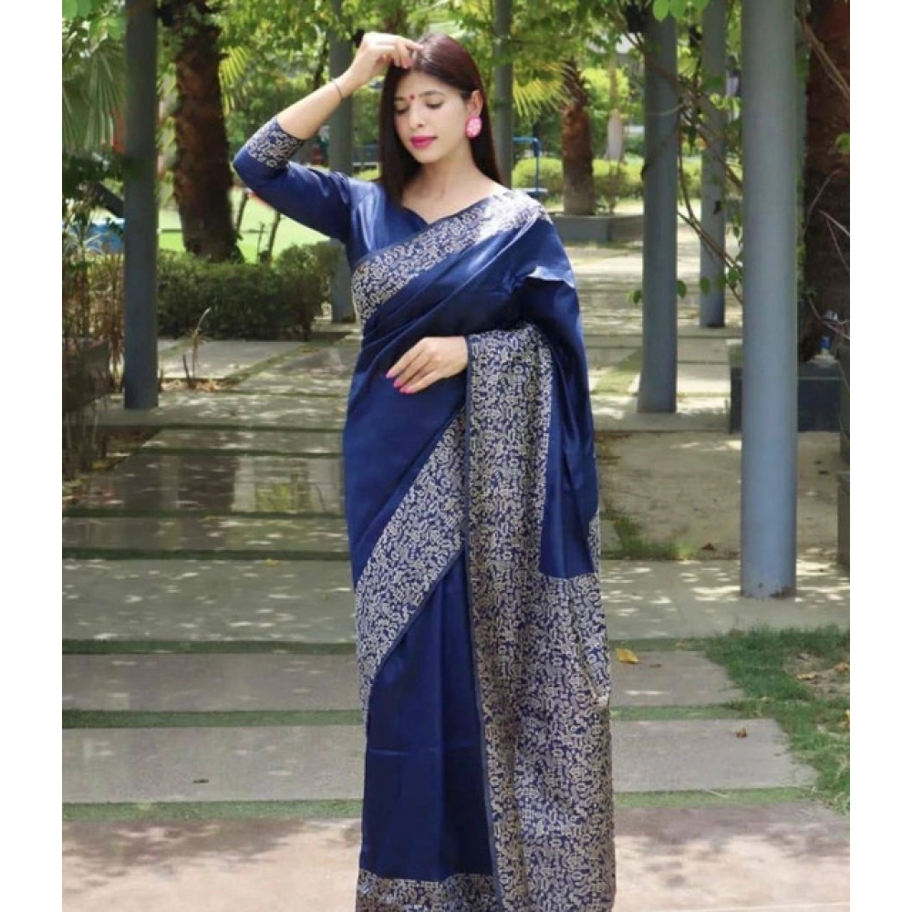 Women's Soft Lichi Silk Printed Saree With Unstitched Blouse 5.5Mtr (Blue)