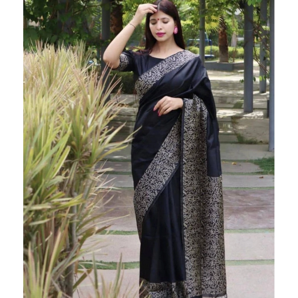 Women's Soft Lichi Silk Printed Saree With Unstitched Blouse 5.5Mtr (Black)