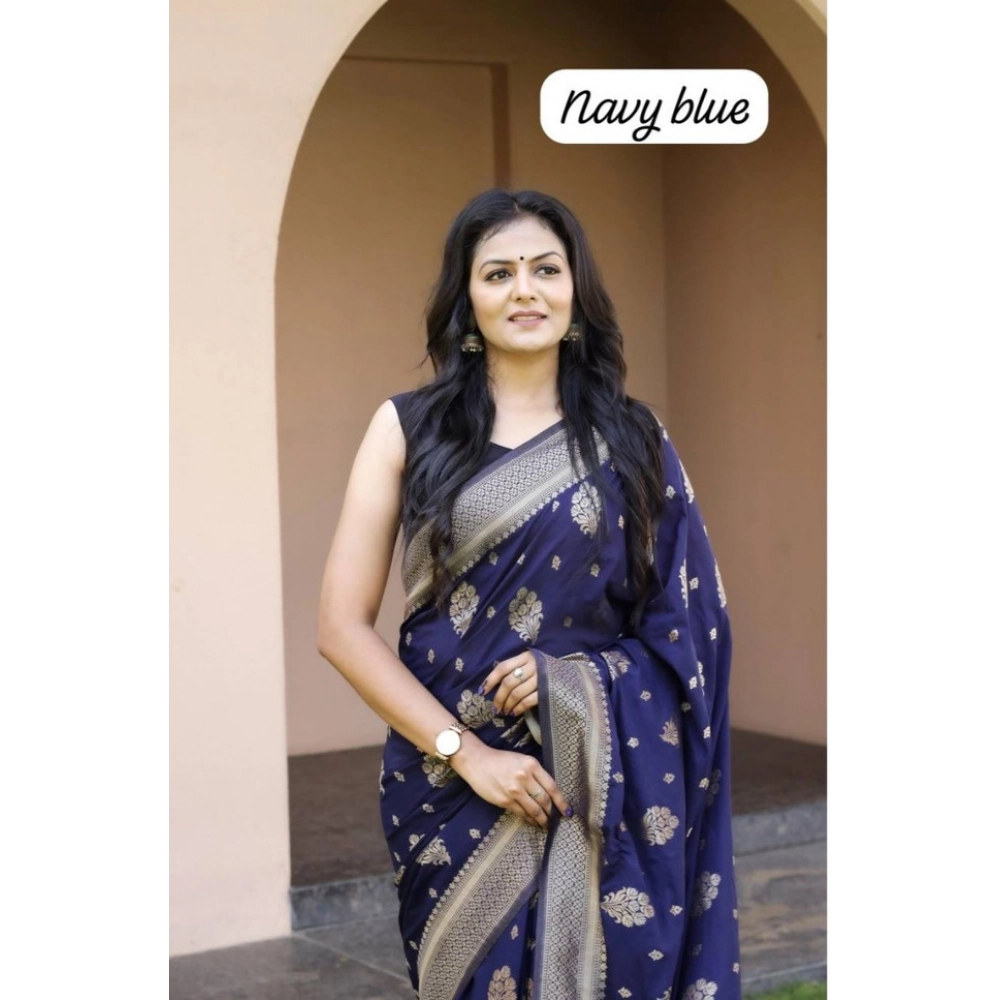 Women's Soft Lichi Silk Printed Saree With Unstitched Blouse 5.5Mtr (Navy Blue) - Image 2
