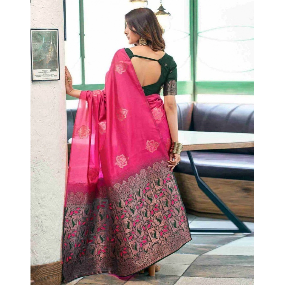 Women's Soft Lichi Silk Printed Saree With Unstitched Blouse 5.5Mtr (Pink) - Image 2
